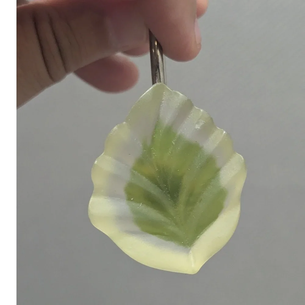 Vintage Frosted Resin Green Leaf Shower Curtain Hooks Set of 8 Botanical Decor